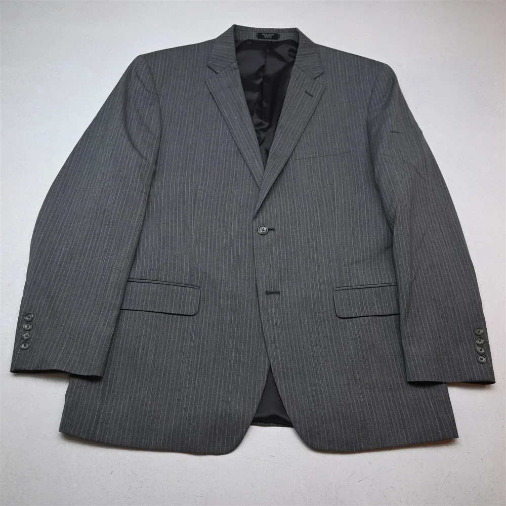 Jones New York 44R 36x30 Gray Stripe 100% Wool 3 Piece Vest Jacket Pants Suit